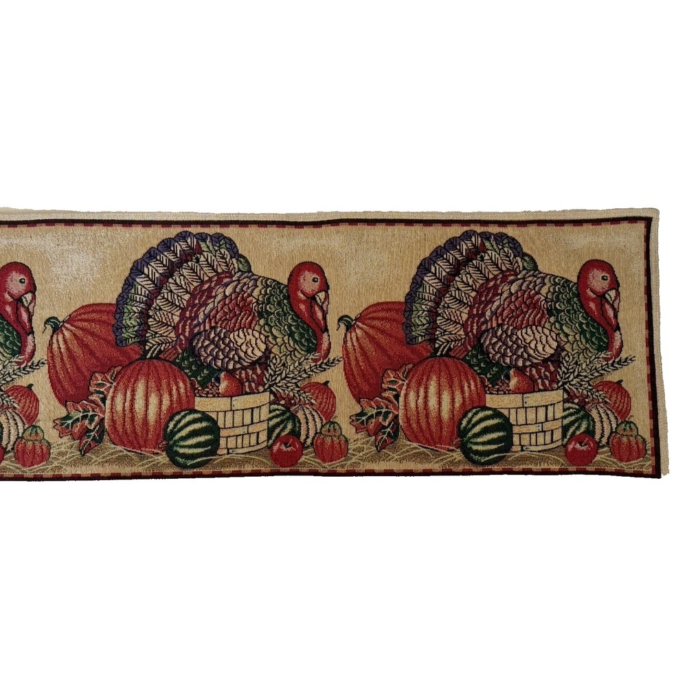 Fall/Harvest/Thanksgiving Woven Tapestry Table Runner 72x13 Turkey Pumpkins EUC